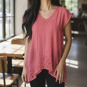 Johnny Was Tunic Top Eyelet Coral Pink Size Small